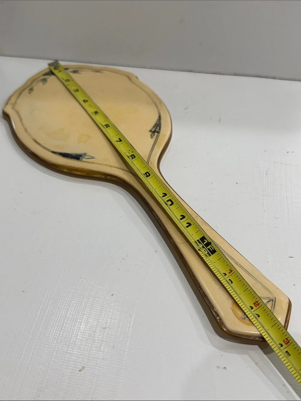 Vintage Antique Art Deco French Vanity Cream Hand Mirror with Black Accent 1920s